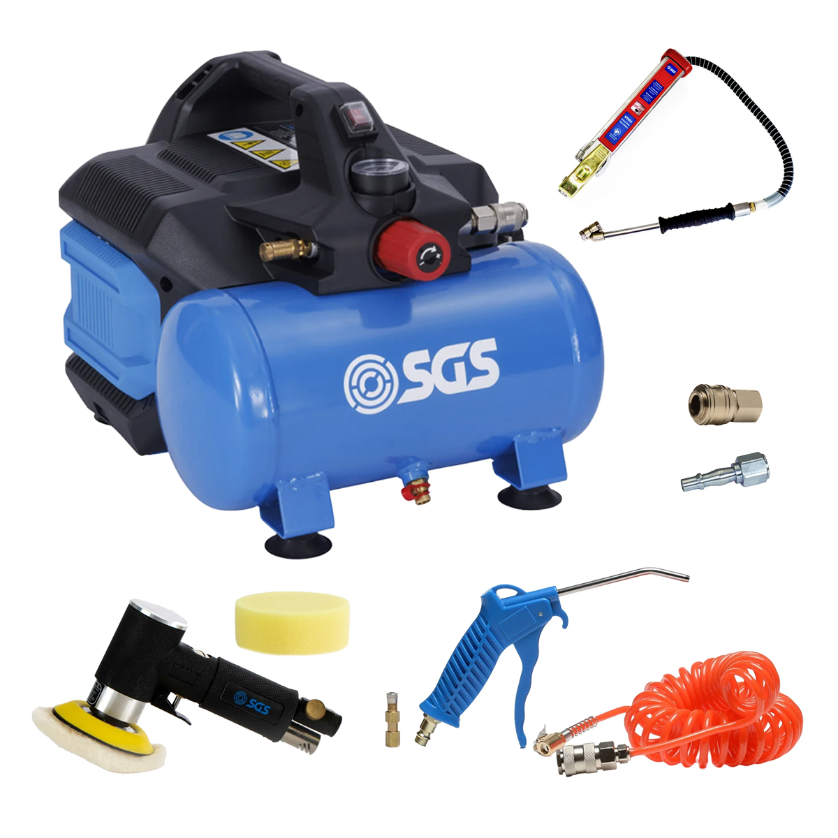 SGS 6 Litre Oil‑Less Air Compressor With Blow Gun, Tyre Inflator & Coil Hose – 5.7CFM 1.5HP 6L